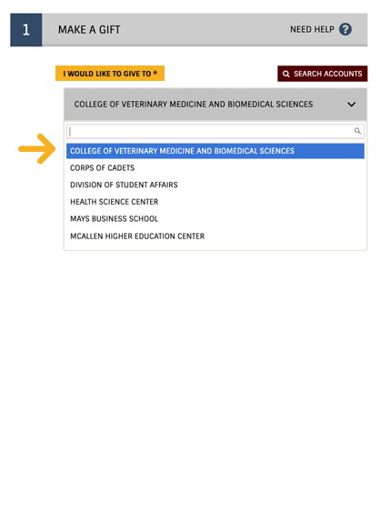 arrow pointing to I would like to give dropdown with College of veterinary medicine selected